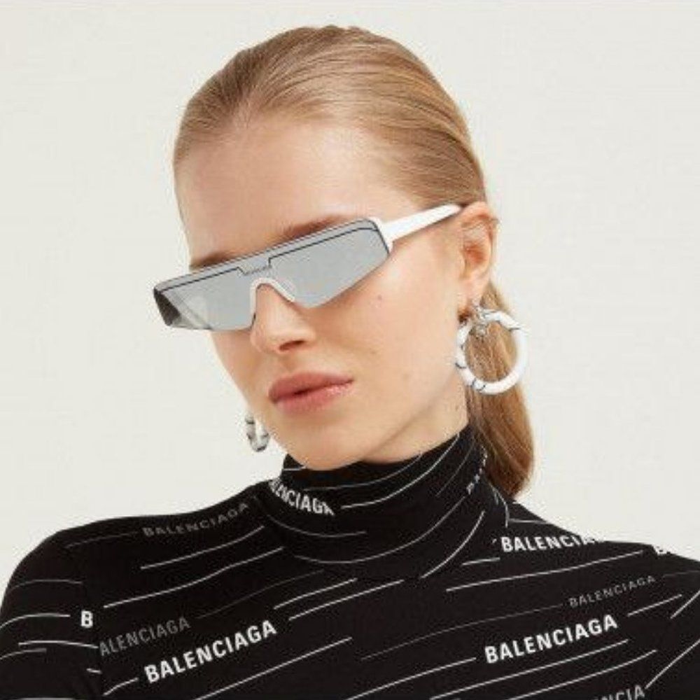 NEW Balenciaga BB0003S 002 White Silver Grey Mirrored Unisex Sunglasses